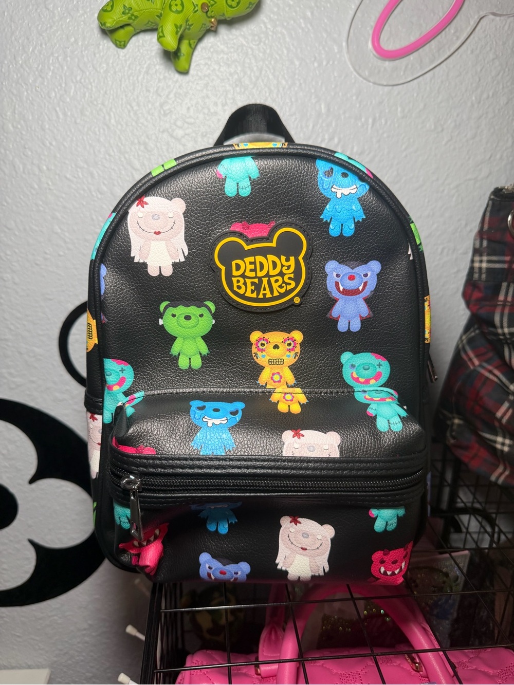 Deddy Bears Mini Backpack Black Faux Leather Colorful Spooky Bears Print NWT